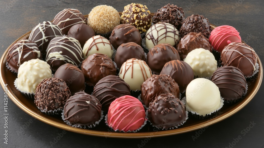 Assorted Gourmet Chocolates on a Round Brown Plate Display Assorted Gourmet Chocolates on a Round Brown Plate Display