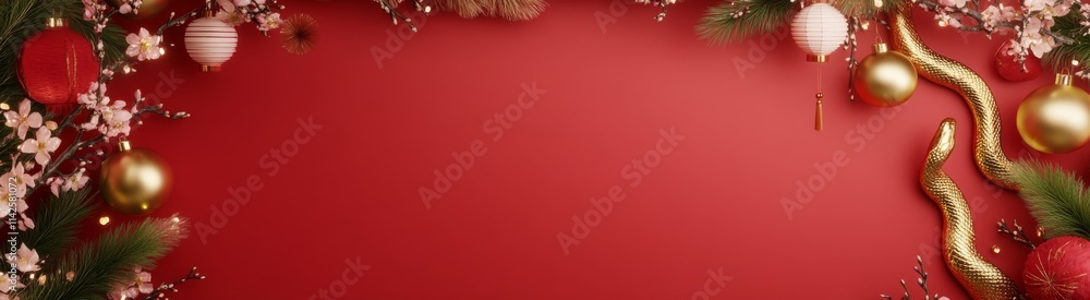 Red Festive Frame: A festive red background adorned with golden ornaments, cherry blossoms, and sprigs of greenery forms a beautiful border, perfect for seasonal greetings and holiday messages. Red Festive Frame: A festive red background adorned with golden ornaments, cherry blossoms, and sprigs of greenery forms a beautiful border, perfect for seasonal greetings and holiday messages.