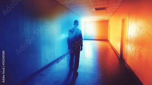 Solitary Figure in a Colorful Hallway