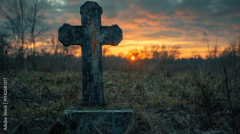 Weathered gravestone at sunset, creating a serene and reflective atmosphere. Weathered gravestone at sunset, creating a serene and reflective atmosphere.