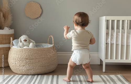 Cute baby in nappy walking near crib at home