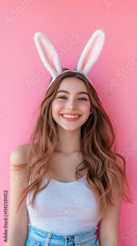 Wallpaper Mural Happy young woman wearing bunny ears headband, smiling on a vibrant pink background, celebrating easter Torontodigital.ca