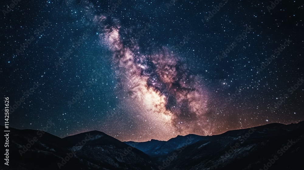 Milky Way Galaxy Arching Over Mystical Mountains, Ethereal Night Sky with Softly Blurred Stars, Professional Landscape Photography Milky Way Galaxy Arching Over Mystical Mountains, Ethereal Night Sky with Softly Blurred Stars, Professional Landscape Photography