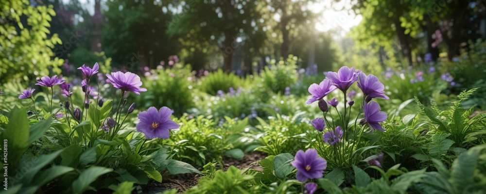 Purple flower blooms in a lush green garden surrounded by leaves and stems, greenery, floral arrangements, garden details, purple flowers Purple flower blooms in a lush green garden surrounded by leaves and stems, greenery, floral arrangements, garden details, purple flowers