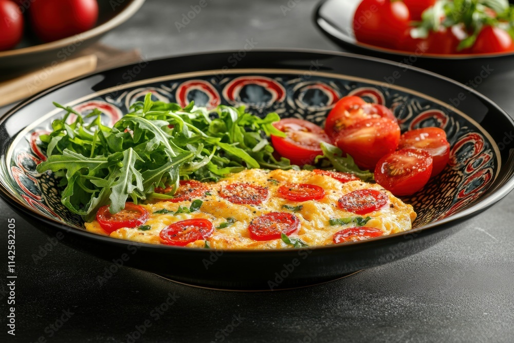 Fresh Vegetable Omelette with Cherry Tomatoes and Arugula Greens Fresh Vegetable Omelette with Cherry Tomatoes and Arugula Greens