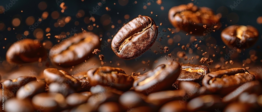Roasted coffee beans falling against dark backdrop Roasted coffee beans falling against dark backdrop