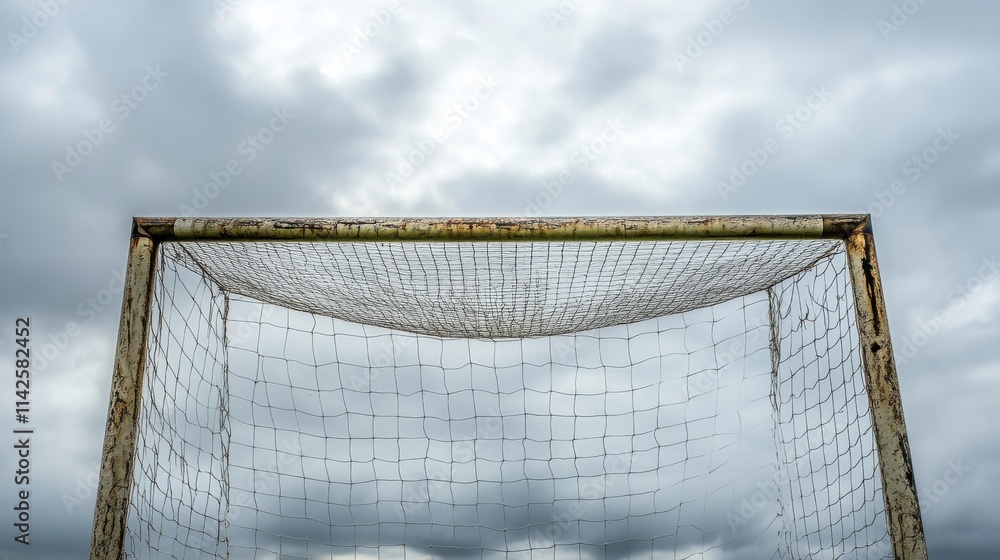 A classic football goalpost with net swaying under an overcast sky A classic football goalpost with net swaying under an overcast sky