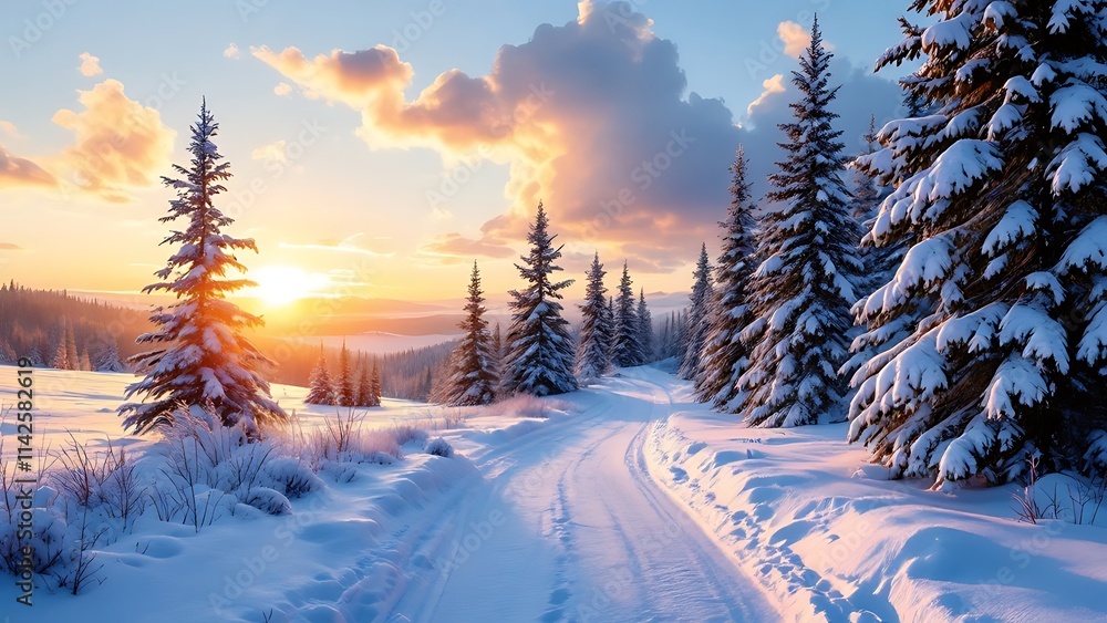 Photo of a snowy panoramic landscape at sunset, frozen trees, winter snow scene web banner Photo of a snowy panoramic landscape at sunset, frozen trees, winter snow scene web banner
