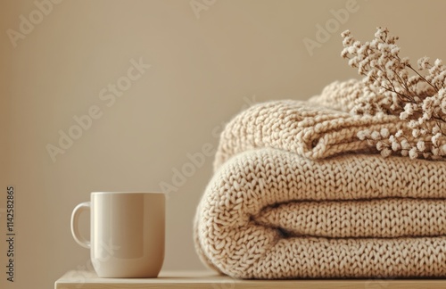 Soft cozy blankets and mug on wooden shelf photo