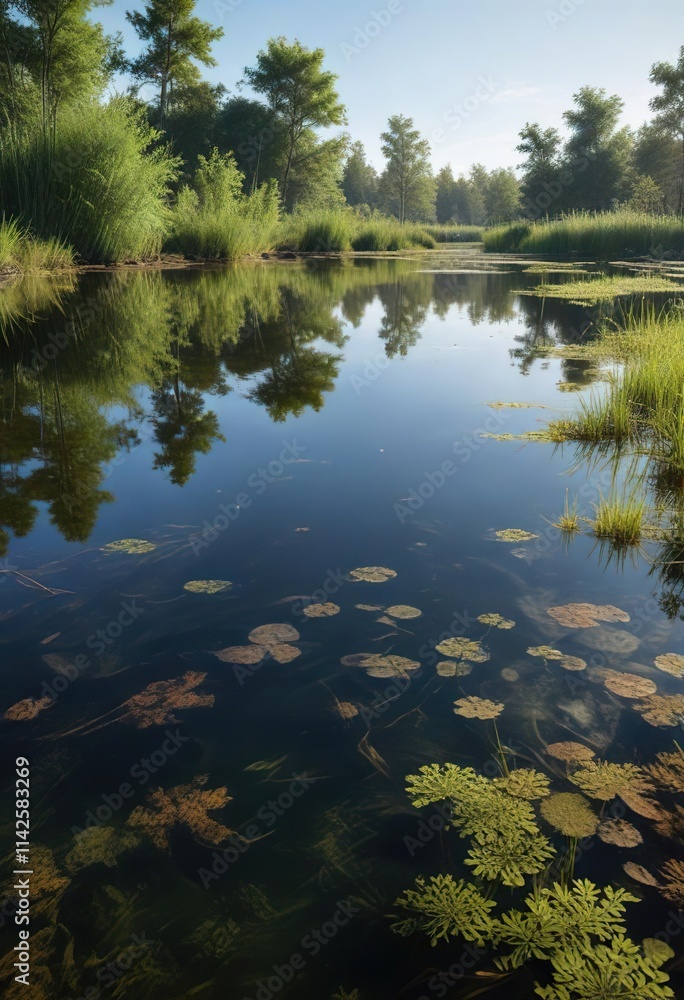 Reflections in the calm surface of a pond with submerged aquatic vegetation, aquatic plants, natural scenery Reflections in the calm surface of a pond with submerged aquatic vegetation, aquatic plants, natural scenery