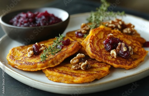 Pumpkin pancakes with cranberries and walnuts on a white plate, served with pumpkin puree