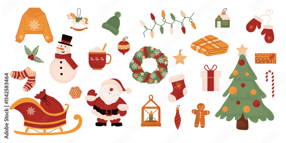 Large set of holiday Christmas design elements. Collection of beautiful decorative elements with Santa, presents, fur tree, wreaths Large set of holiday Christmas design elements. Collection of beautiful decorative elements with Santa, presents, fur tree, wreaths