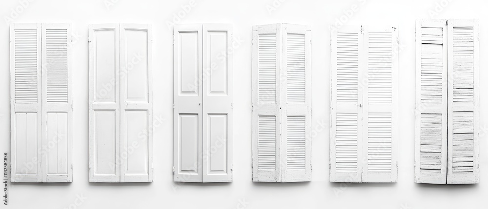 Collection of six white painted wooden shutters in various styles. Collection of six white painted wooden shutters in various styles.
