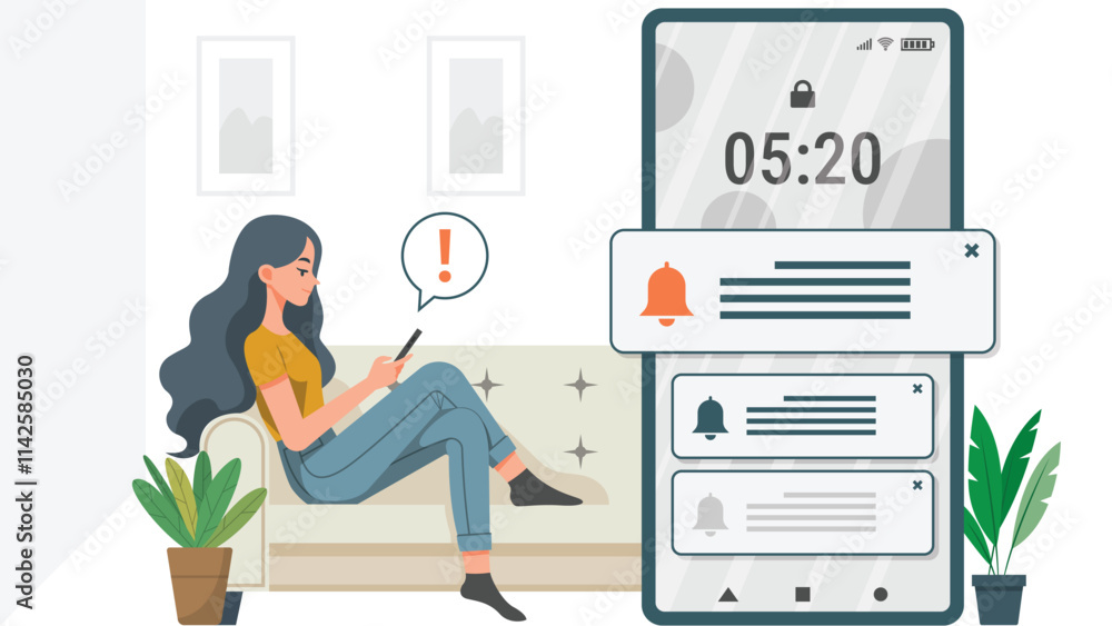 girl sits on a sofa using her phone. Beside a large screen shows a chat notification, New message! girl sits on a sofa using her phone. Beside a large screen shows a chat notification, New message!