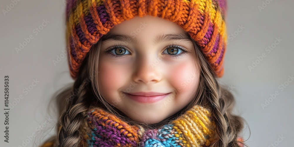Smiling girl in vibrant winter attire with cozy hat and scarf enjoying the warmth of a sunny day in a calm indoor setting Smiling girl in vibrant winter attire with cozy hat and scarf enjoying the warmth of a sunny day in a calm indoor setting
