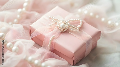 Romantic Pink Gift Box Wrapped in Delicate Tulle with Pearls