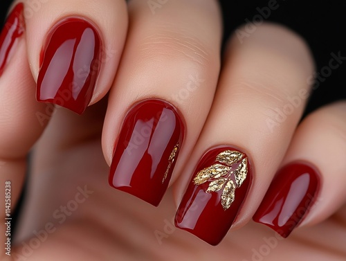 A woman's hand holding a red manicure with gold leaves on it photo