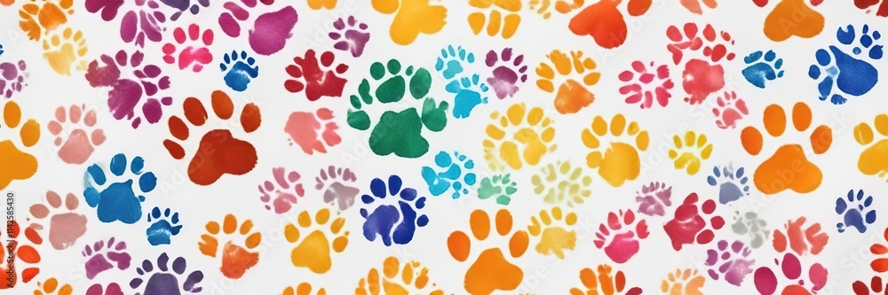 Seamless pattern of colorful dog paw prints on a white background, animal shelter, playful, rainbow Seamless pattern of colorful dog paw prints on a white background, animal shelter, playful, rainbow