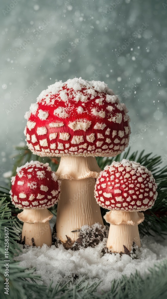 Obraz premium Festive Scene with Red and White Mushrooms in Snow