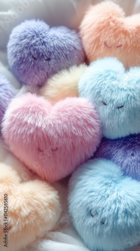 Soft, colorful heart-shaped plush toys arranged together on a cozy surface in a well-lit room, creating a playful and inviting atmosphere