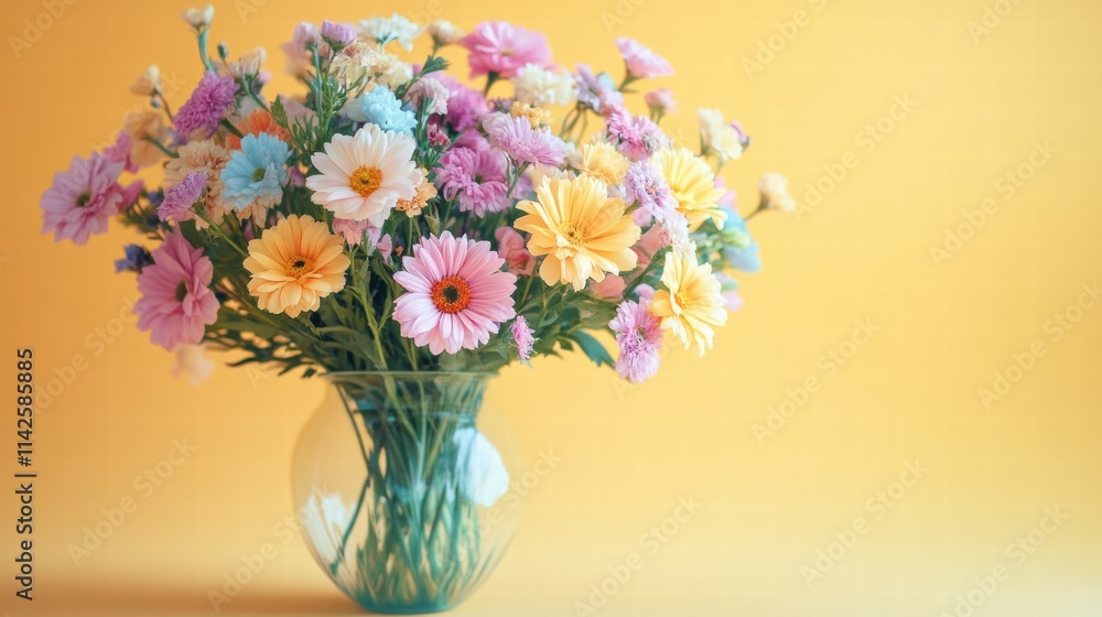 Obraz premium A vase of mixed pastel flowers on a pastel yellow background