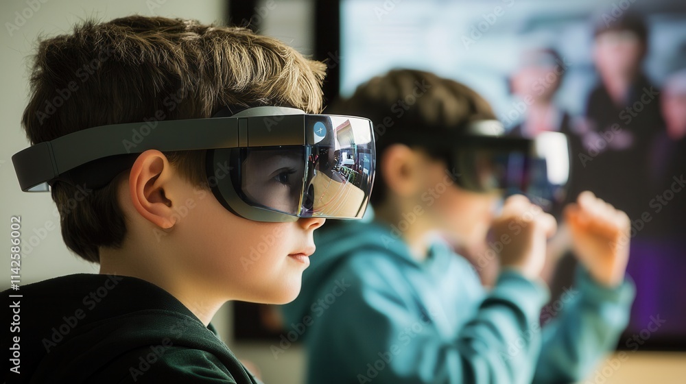 Children exploring virtual reality technology in an interactive educational setting during a school event Children exploring virtual reality technology in an interactive educational setting during a school event