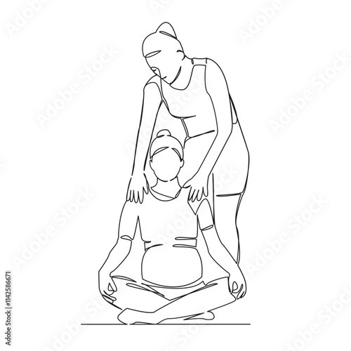 One continuous single drawing line art flat doodle Yoga instructor doing lotus pose to pregnant woman, sport pregnancy, stretching. Isolated image hand draw contour on a white background, hand drawn, 