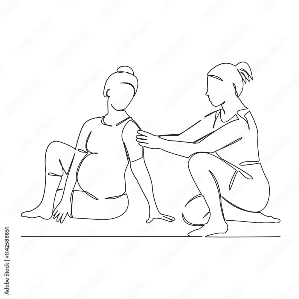 One continuous single drawing line art flat doodle Yoga instructor doing Bharadvajasana pose to pregnant woman, yoga, sport, pregnancy, expectation. Isolated image hand draw contour on a white backgro One continuous single drawing line art flat doodle Yoga instructor doing Bharadvajasana pose to pregnant woman, yoga, sport, pregnancy, expectation. Isolated image hand draw contour on a white backgro