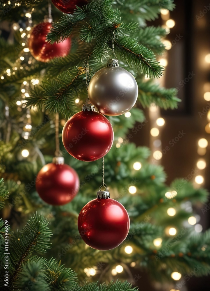 Shiny baubles hanging on a Christmas tree with blurry lights creating a magical atmosphere, festive ambiance, holiday cheer Shiny baubles hanging on a Christmas tree with blurry lights creating a magical atmosphere, festive ambiance, holiday cheer
