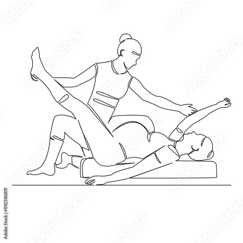 One continuous single drawing line art flat doodle Yoga instructor doing lying down pose for pregnant woman, sport pregnancy, relaxation. Isolated image hand draw contour on a white background, hand d