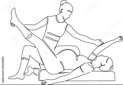 One continuous single drawing line art flat doodle Yoga instructor doing lying down pose for pregnant woman, sport pregnancy, relaxation. Isolated image hand draw contour on a white background, hand d