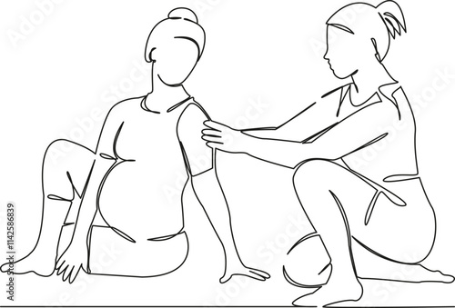 One continuous single drawing line art flat doodle Yoga instructor doing Bharadvajasana pose to pregnant woman, yoga, sport, pregnancy, expectation. Isolated image hand draw contour on a white backgro