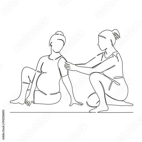 One continuous single drawing line art flat doodle Yoga instructor doing Bharadvajasana pose to pregnant woman, yoga, sport, pregnancy, expectation. Isolated image hand draw contour on a white backgro
