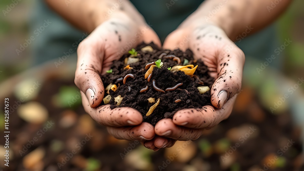 Hand holding worms in a worm composter with food waste, home compost, ecological fertilizer Hand holding worms in a worm composter with food waste, home compost, ecological fertilizer