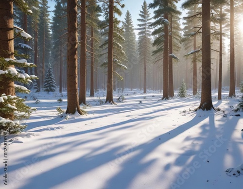 Snow-covered pine trees casting shadows on the forest floor, outdoors, snow, forest photo