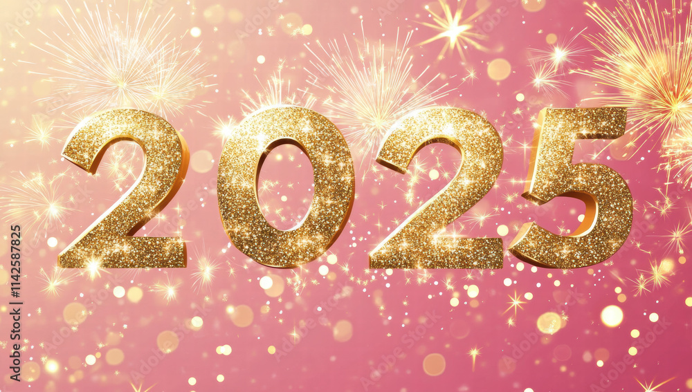 Golden glittering numbers 2025 with festive fireworks on pink background create celebratory atmosphere for New Year. Perfect for party invitations and decorations Golden glittering numbers 2025 with festive fireworks on pink background create celebratory atmosphere for New Year. Perfect for party invitations and decorations