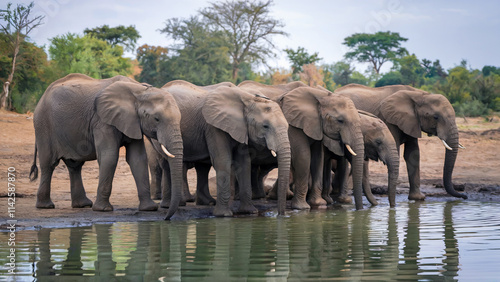 A group of elephants gathers at a watering hole in the wilderness, their reflections shimmering in the calm water alongside nearby trees.