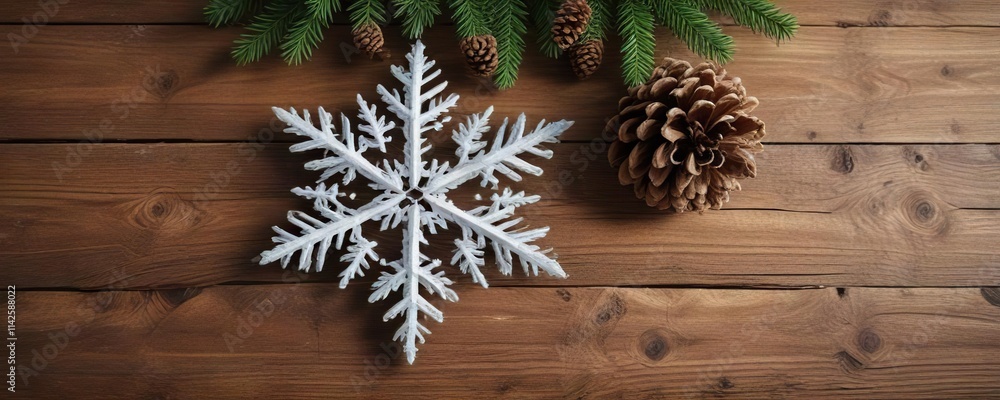 Snowflake and Pinecone Combination on Wood Background, wood grain, winter wonderland, frosty details, frosty, twigs Snowflake and Pinecone Combination on Wood Background, wood grain, winter wonderland, frosty details, frosty, twigs