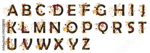 The alphabet with beautiful curls in the old Russian style. Traditional Russian floral motifs. For monogram, invitations, wedding, decoration.