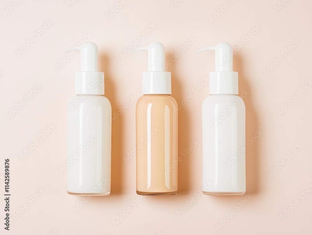 Trio of airless pump bottles in neutral tones, arranged symmetrically on a smooth studio background with gentle lighting gradients Trio of airless pump bottles in neutral tones, arranged symmetrically on a smooth studio background with gentle lighting gradients