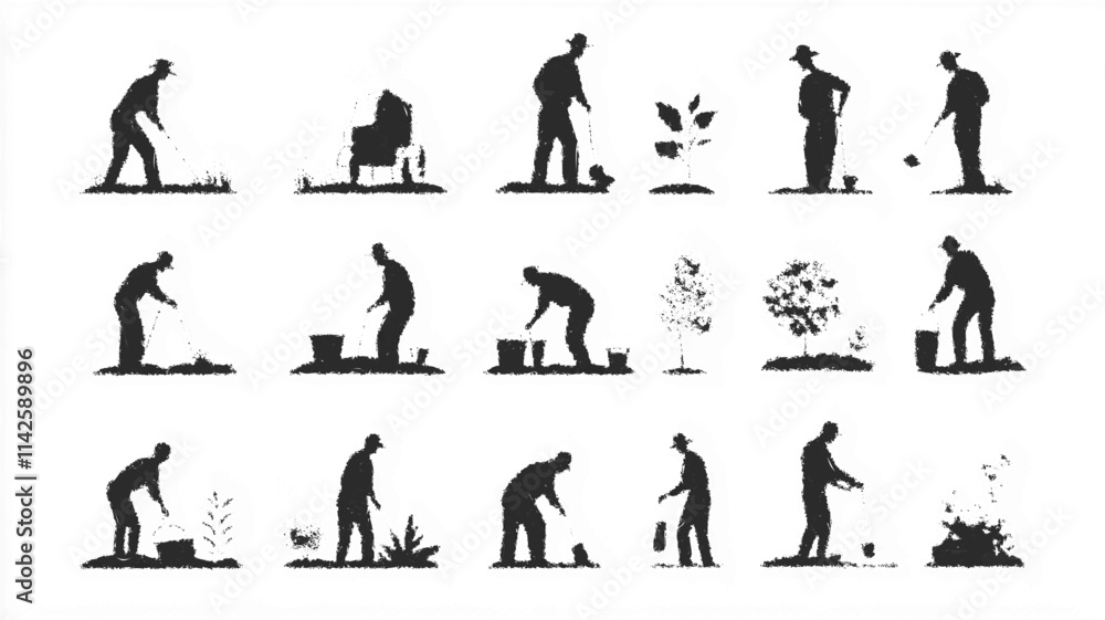 Linear silhouettes of farmers and gardeners working outdoors, ideal for landscape designs. Vector icon Linear silhouettes of farmers and gardeners working outdoors, ideal for landscape designs. Vector icon