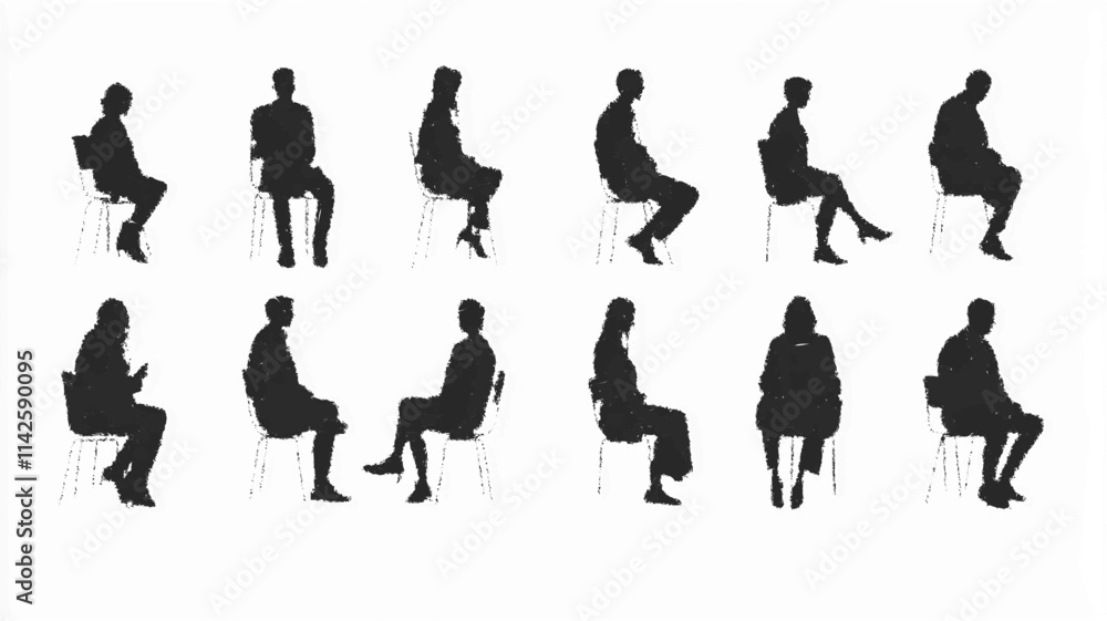 Fototapeta premium Minimalist hand-drawn architectural silhouettes of seated people for floor plans and layouts. Vector icon