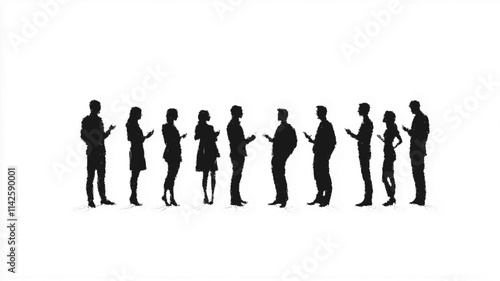 Linear silhouettes of workers standing and engaging in conversations for professional use. Vector icon