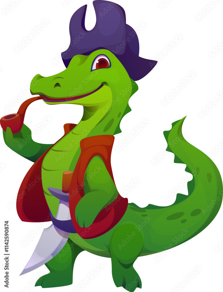 Fototapeta premium Cartoon funny crocodile pirate animal character, croc corsair smoking the pipe. Isolated vector daring reptile rover personage with a saber, sailing the high seas in search of treasure and adventure