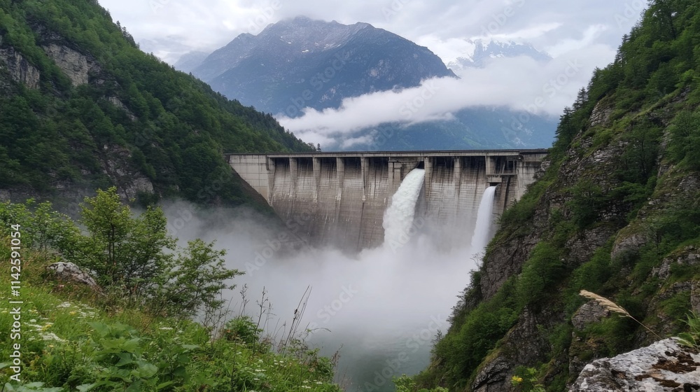 Scenic View of a Mountain Dam Surrounded by Lush Greenery and Mist Scenic View of a Mountain Dam Surrounded by Lush Greenery and Mist