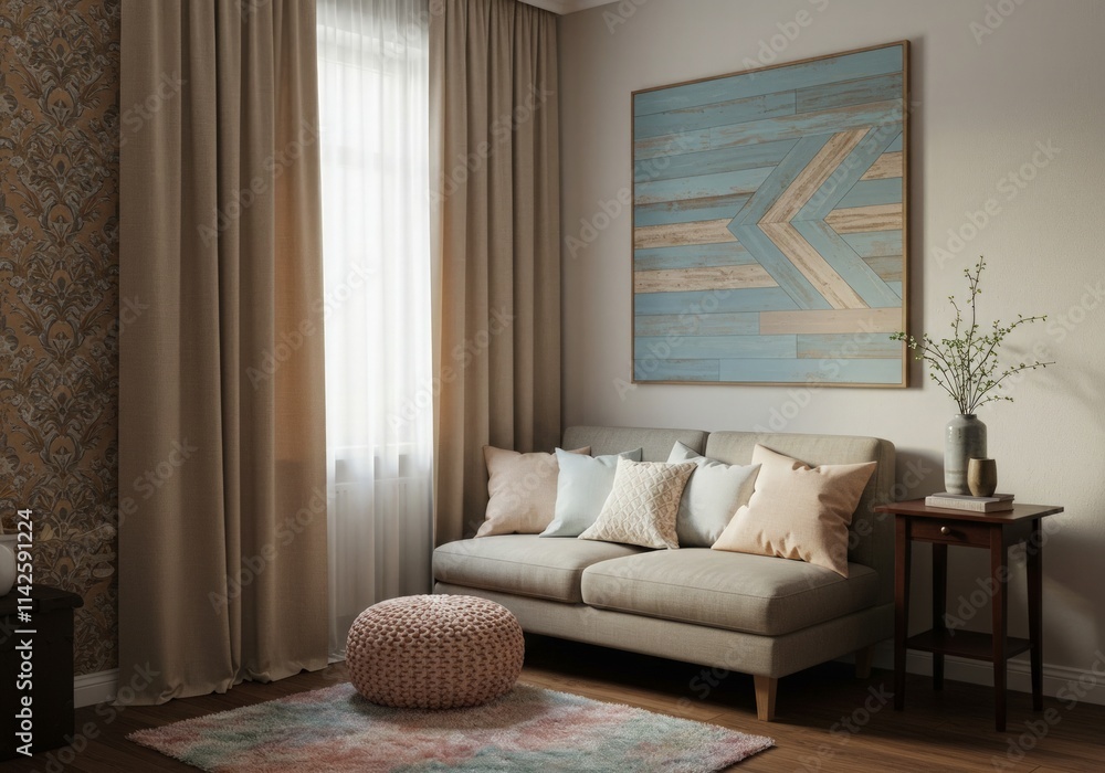 A cozy modern living room corner with updated curtains, cushions, and DIY wall art, showing a subtle transformation A cozy modern living room corner with updated curtains, cushions, and DIY wall art, showing a subtle transformation