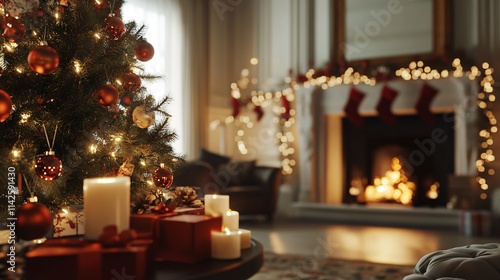 Christmas tree and gifts illuminating cozy living room with fireplace