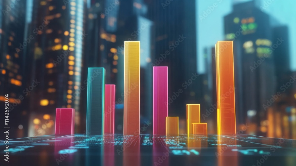 Futuristic Cityscape with Colorful Data Visualization and Bar Graphs Futuristic Cityscape with Colorful Data Visualization and Bar Graphs