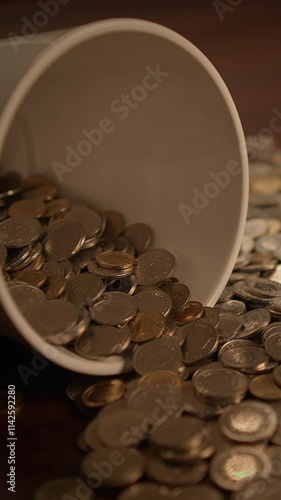 Wallpaper Mural A plethora of spilled coins scattered from a white cup across a beautifully polished wooden surface Torontodigital.ca
