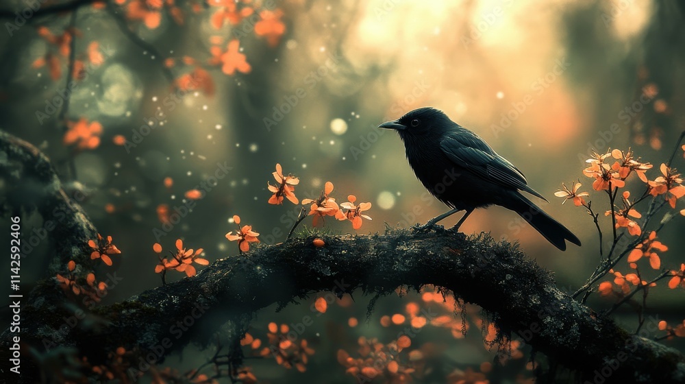 A solitary blackbird perched on a mossy branch amidst vibrant orange flowers in a dreamy setting. A solitary blackbird perched on a mossy branch amidst vibrant orange flowers in a dreamy setting.